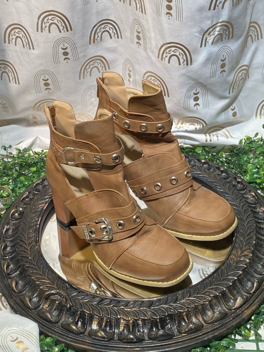 Cut-Out Strappy Block Heel Boots in Tan